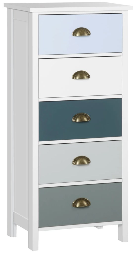 HOMCOM Chiffonnier comodă mobilier de depozitare 5 sertare multicolore cu mânere metal cochilie MDF - dim. 45L x 30l x 95,4H cm | Aosom Romania