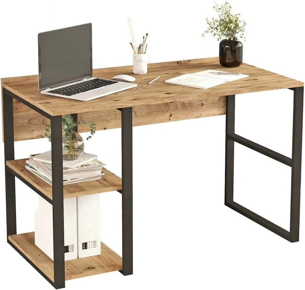 Birou ML8-A, stejar/negru, PAL melaminat/metal, 120x60x75 cm
