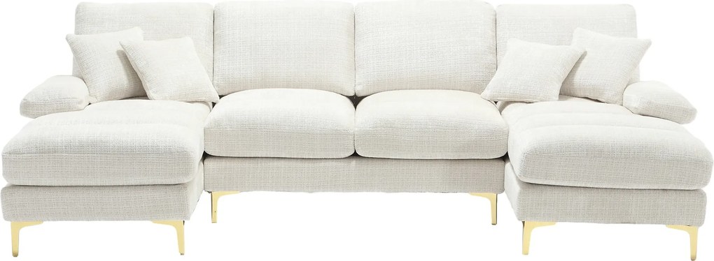 Canapea modulară mare, modernă, în formă de U, din chenille, cu dublu șezlong rabatabil, Bej