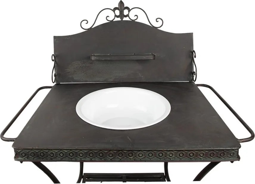 Masă consolă vintage din metal, maro, cu lighean alb, raft, bare laterale și creastă cu floare de crin, 114 x 72 x 48 cm, „Lavandiere”