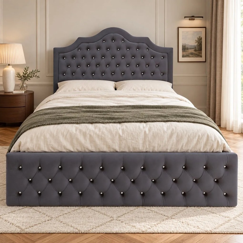 Pat tapițat Chesterfield din catifea Imperio Deluxe 160×200 cm, gri închis, cu ladă de depozitare