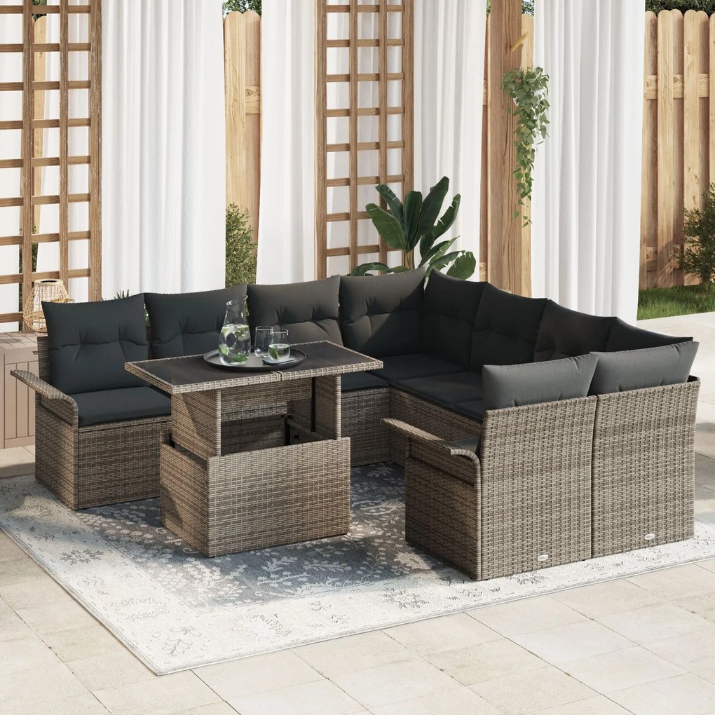vidaXL Set de 9 Piese Sofa de Grădină cu Perne Ratan Gri Poli