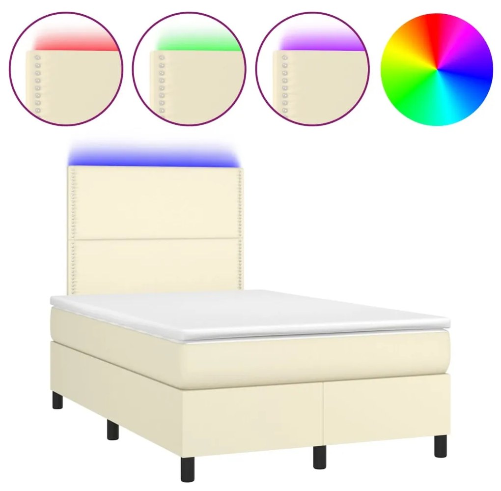 3135875 vidaXL Pat cu arcuri, saltea și LED, crem, 120x200 cm, piele ecologică