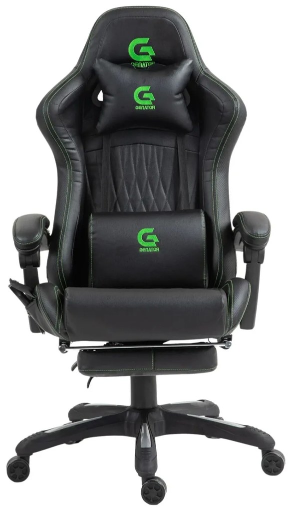 Scaun gaming, Masaj in 7 puncte, Boxe Bluetooth, funcție șezlong, 90-155 grade, suport picioare, PU, Negru/cusatura verde