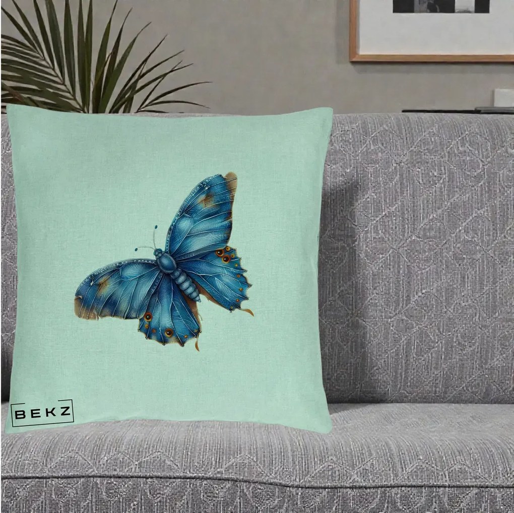 Perna Decorativa Fluture Albastru Satin cu Pete Aurii, 40x40 cm, Verde Menta, Husa Detasabila, Perna Inclusa, BEKZ®
