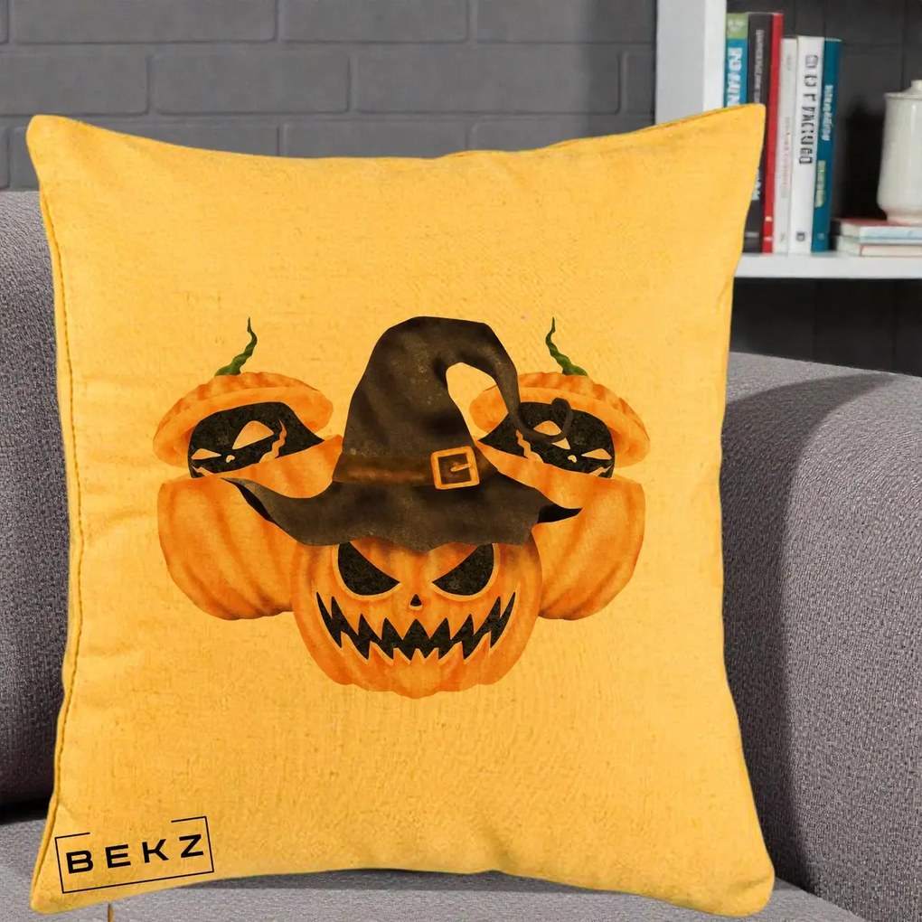 Perna Decorativa Trio Dovleci Jack-o-Lantern cu Palarie Vrajitoare, 40x40 cm, Galben, Husa Detasabila, Perna Inclusa, BEKZ®