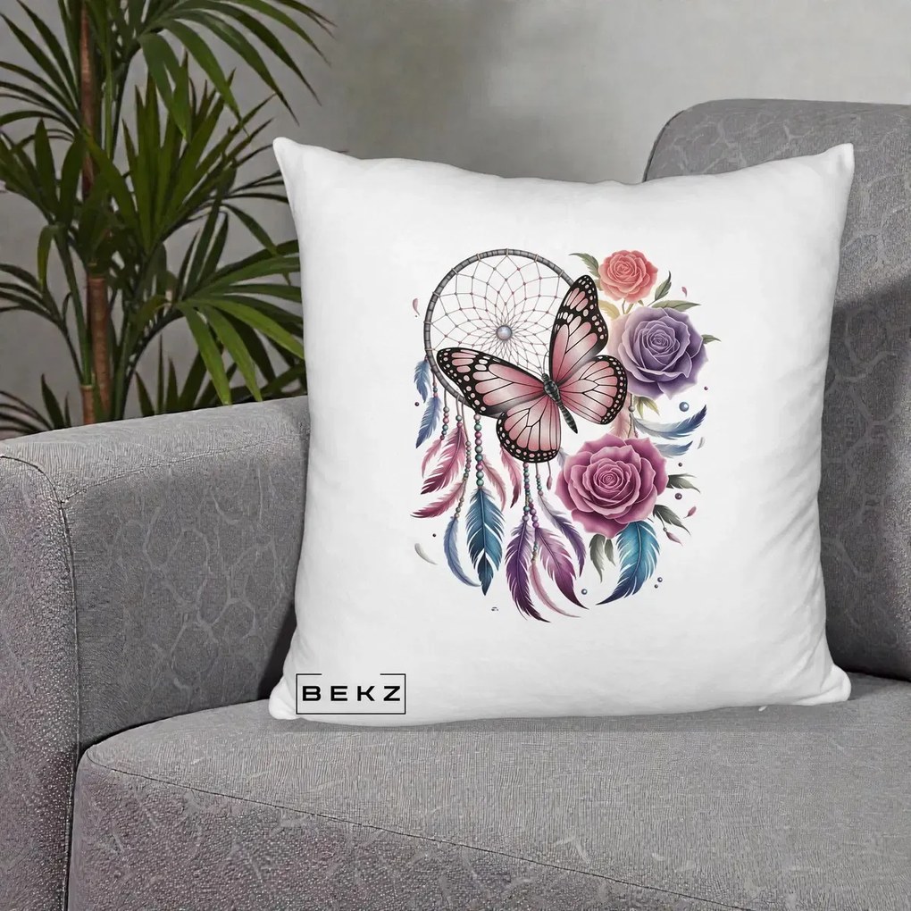 Perna Personalizata Prinzator de Vise cu Fluture si Trandafiri, 40x40 cm, Alb Pufos, Husa Detasabila, Perna Inclusa, BEKZ®