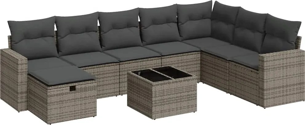 vidaXL Set canapele de grădină, 9 piese, cu perne, gri, poliratan
