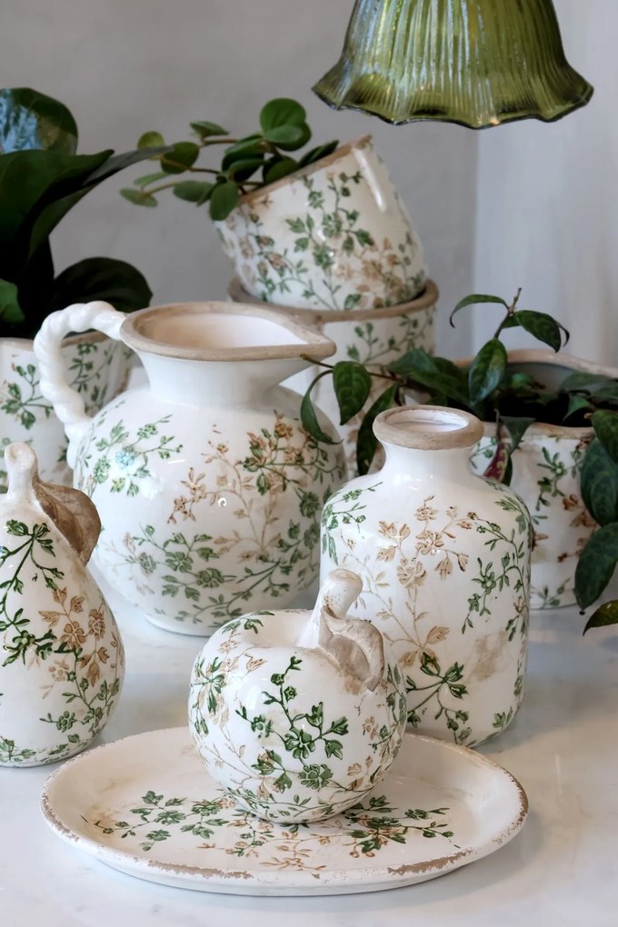 Ghiveci decorativ alb din ceramică antichizată, pictat manual, cu decor floral-vegetal, 11,5x13,5 cm, „Grasse"
