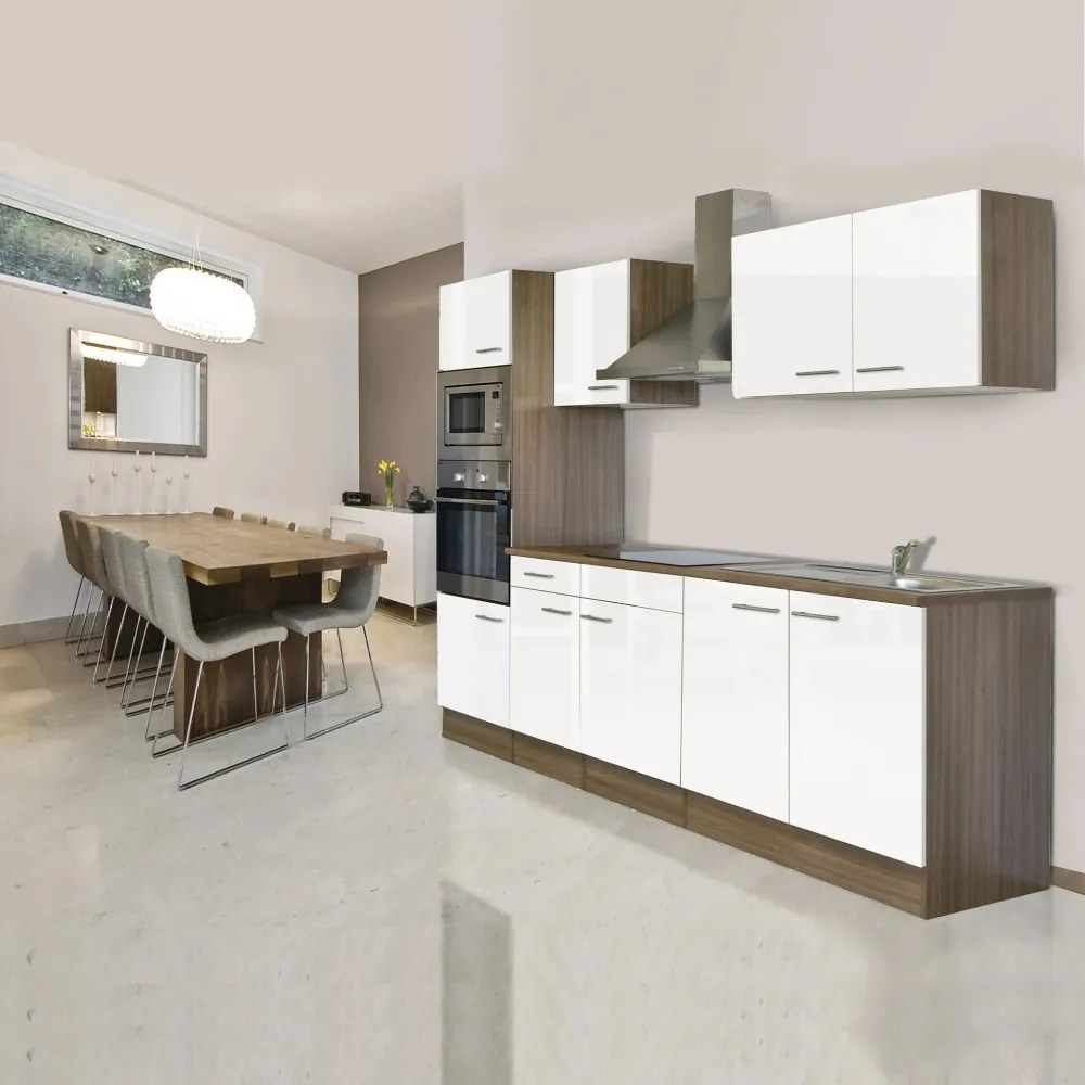 Mobilă de bucătărie Yorki cu corp din stejar Yorki, față alb satinat, dimensiune 270 cm