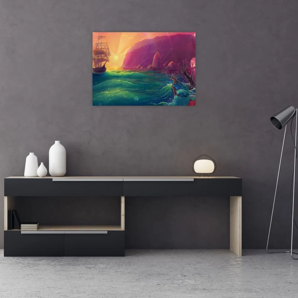 Tablou pe sticlă - Pictură în ulei, călătorie într-un țărăm fantastic (70x50 cm)
