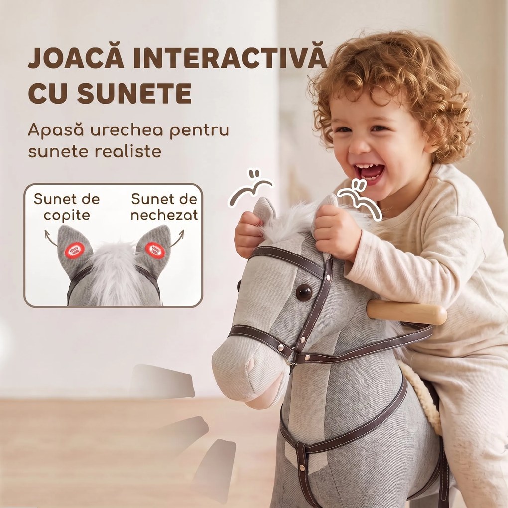 AIYAPLAY Cal Balansoar pentru Copii cu Bază din Lemn, Sunete și Mânere de Siguranță, 12-36 Luni, Gri | Aosom Romania