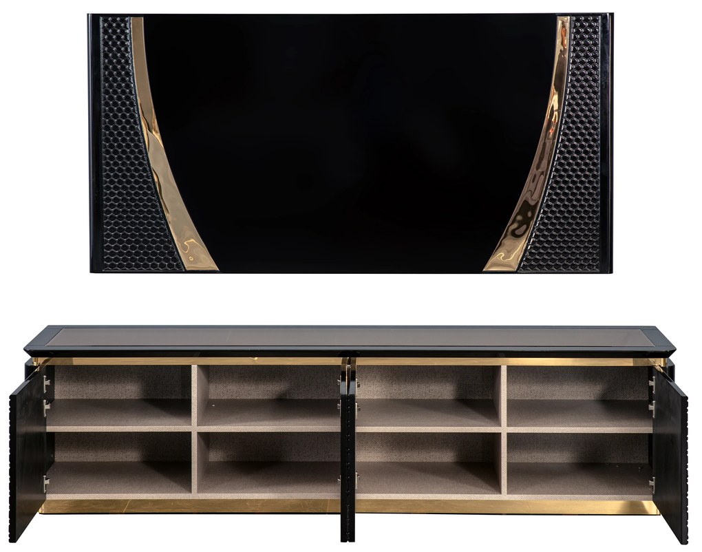 Set comoda tv si modul superior din mdf alb si auriu/negru si auriu lexus (200x51x57)