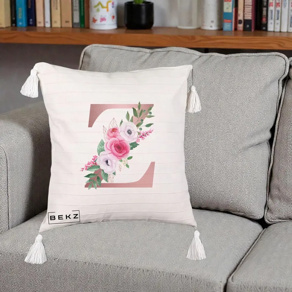 Cadou Personalizat - Perna Personalizata Monograma Rose Gold Litera Z, 40x40 cm, Bej cu Franjuri, Husa Detasabila, Perna Inclusa, BEKZ®