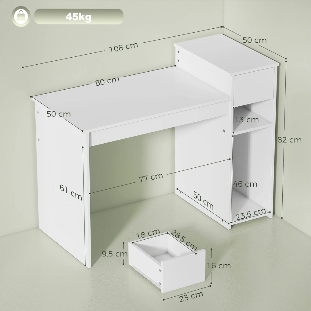 HOMCOM Birou pentru Studiu și Scris cu Sertar și Rafturi, 108 cm, Alb | Aosom Romania