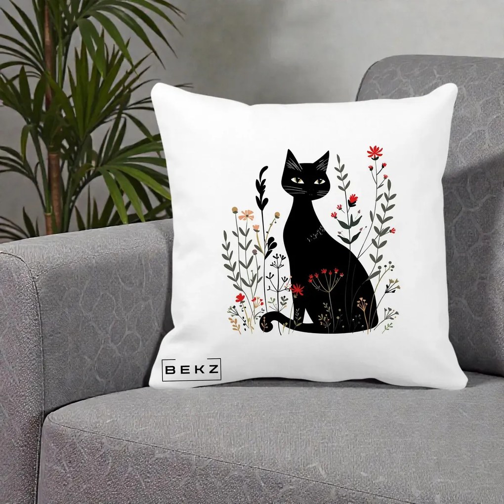 Perna Decorativa Pisica Neagra Botanica Rosu-Gri, 40x40 cm, Alba Mata, Husa Detasabila, Perna Inclusa, BEKZ®