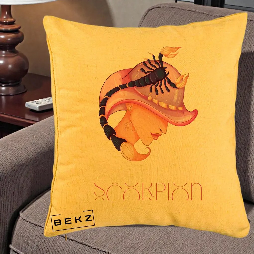Perna Personalizata Zodiac Scorpion Cowgirl, 40x40 cm, Galben, Husa Detasabila, Perna Inclusa, BEKZ®