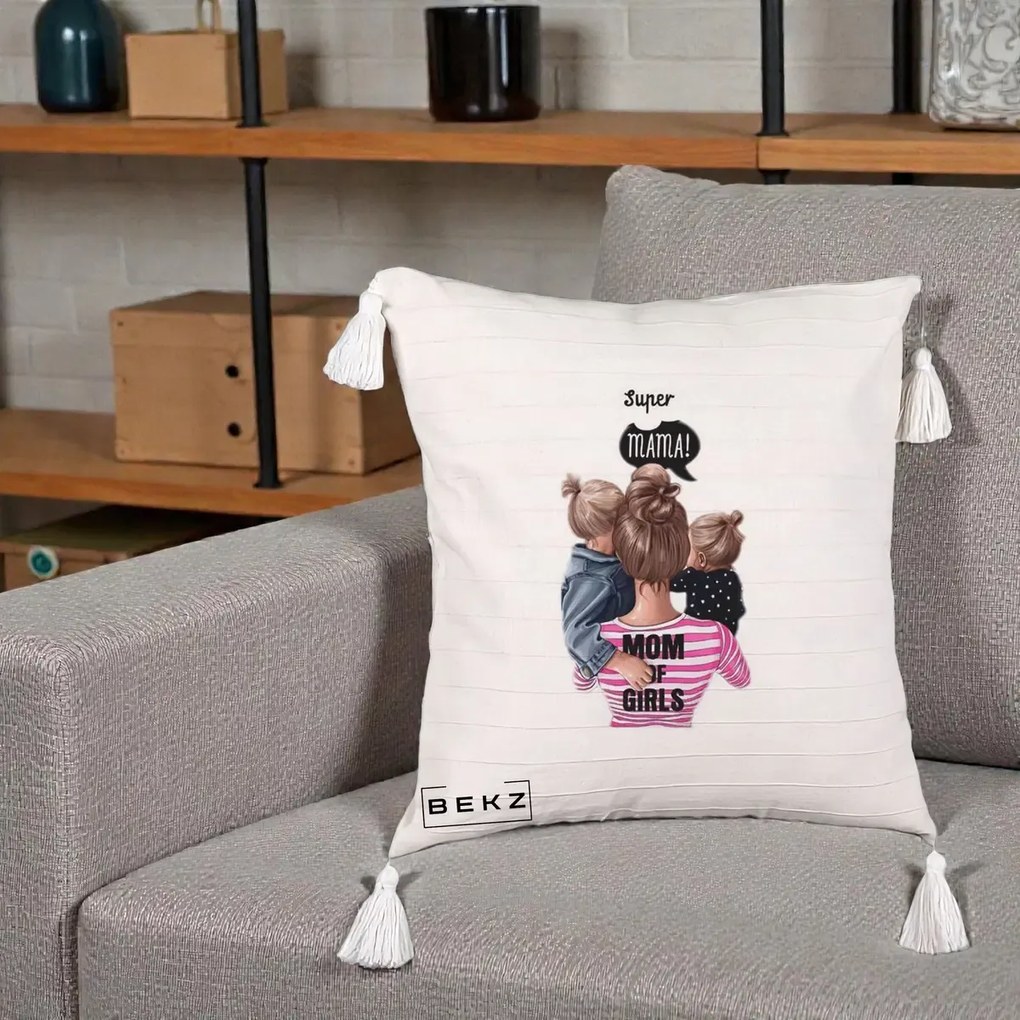 Cadou pentru Mama - Perna Personalizata Super Mama Mom of Girls, 40x40 cm, Bej cu Franjuri, Husa Detasabila, Perna Inclusa, BEKZ®