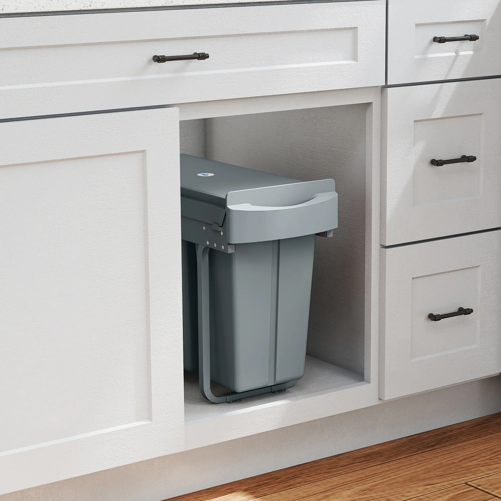 HOMCOM Coș de gunoi de bucătărie glisant 30L cu 2 compartimente, coș sub chiuvetă cu capac mat, 52x26x40,8cm, gri | Aosom Romania