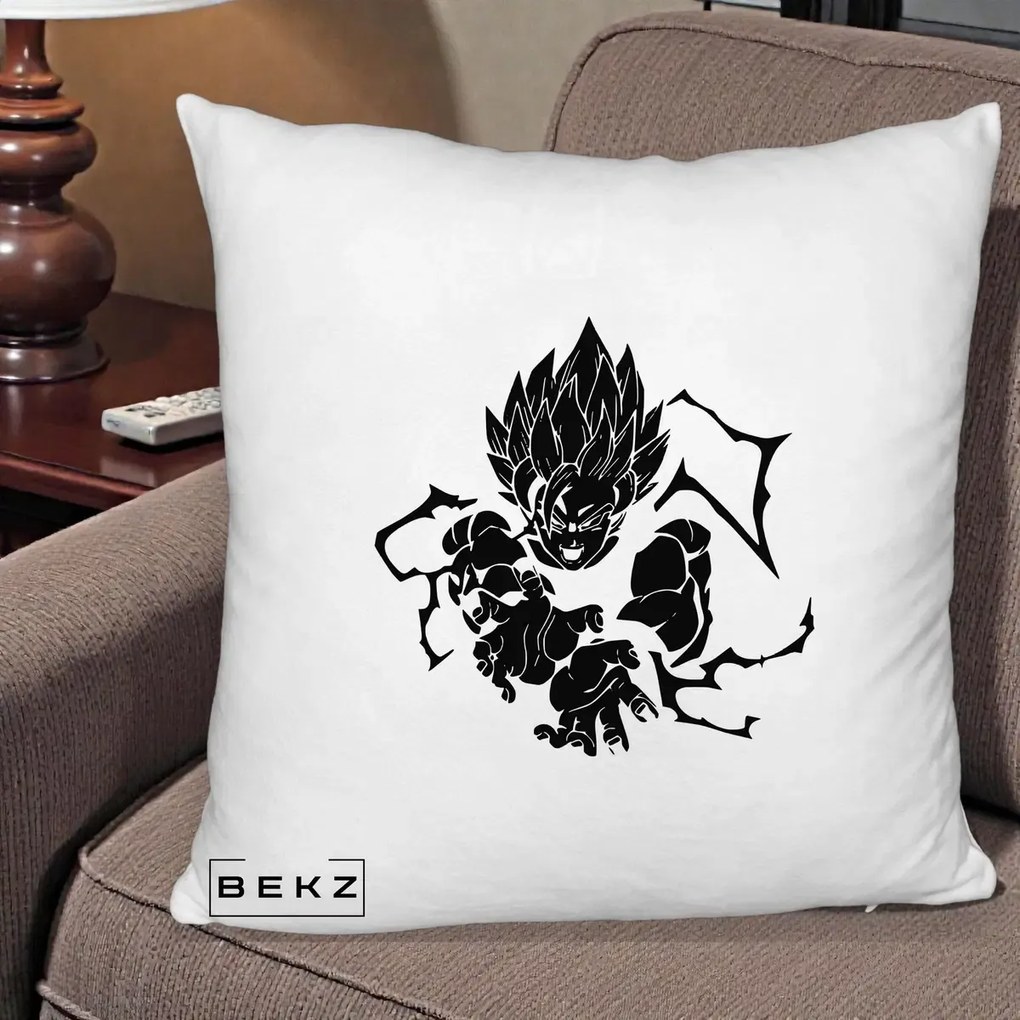 Perna Personalizata Dragon Ball Goku Super Saiyan Silueta, 40x40 cm, Alb Pufos, Husa Detasabila, Perna Inclusa, BEKZ®
