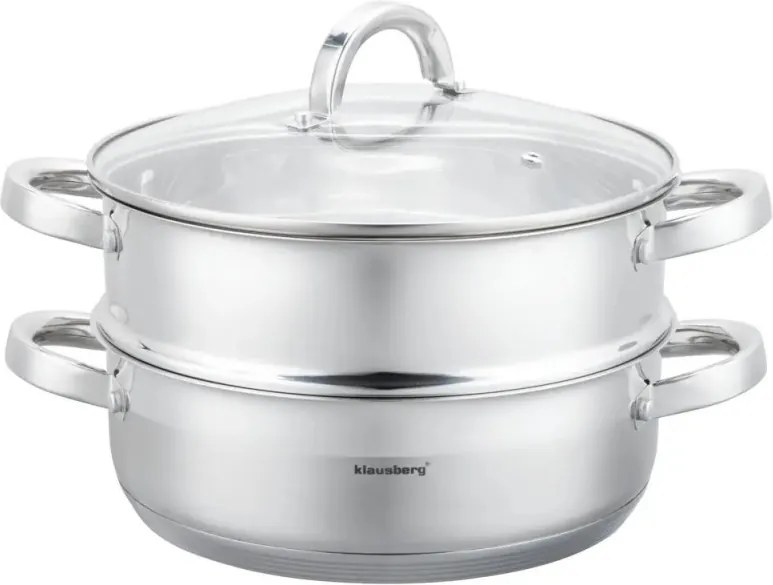 Oala pentru gatit la abur Klausberg KB 9072, 3,5 l, 24 cm, 3 piese, Simultan pe 2 niveluri, Scala de masurare, Fund cu 5 straturi, Inductie, Otel inoxidabil