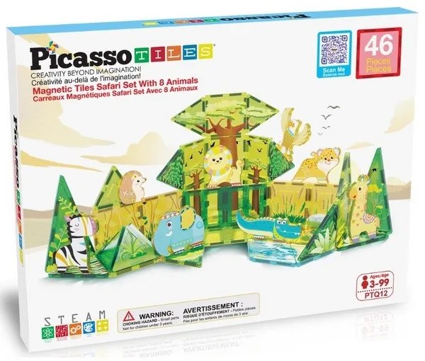 Set magnetic de construcție PicassoTiles Safari cu 8 animale