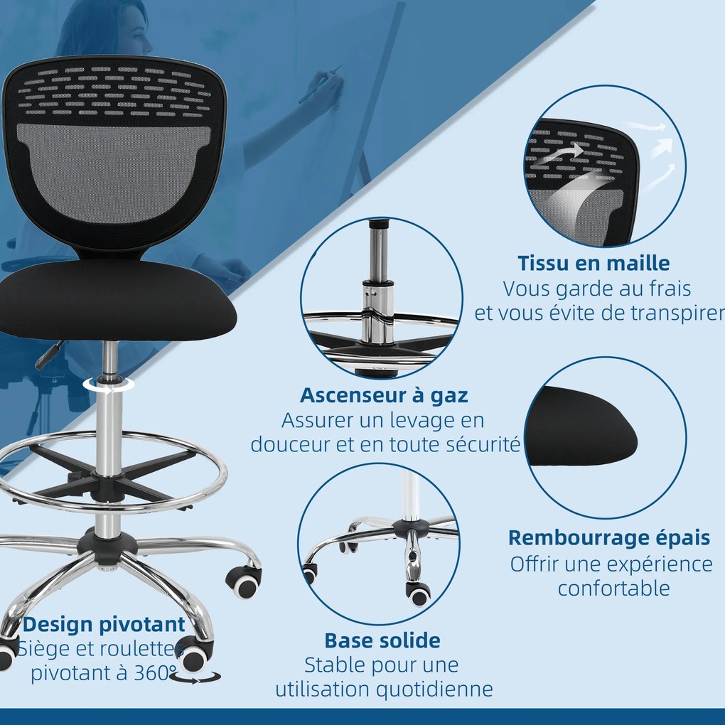 Vinsetto Scaun de birou ergonomic din plasă, scaun de desen, înălțime și suport pentru picioare reglabile, 59 x 59 x 106-126 cm, negru | Aosom Romania