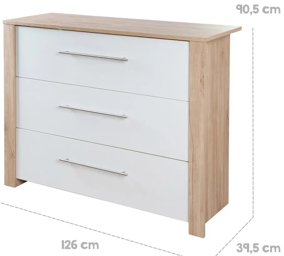 Comodă de copii albă/în culoare naturală joasă cu aspect de lemn de stejar cu masă de schimbat 112x98 cm – Roba