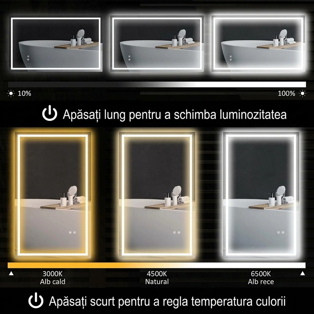 HOMCOM Oglindă de Baie Iluminată cu Lumini LED Reglabile și Strat Anti-Condens, 100x60 cm, Transparent | Aosom Romania
