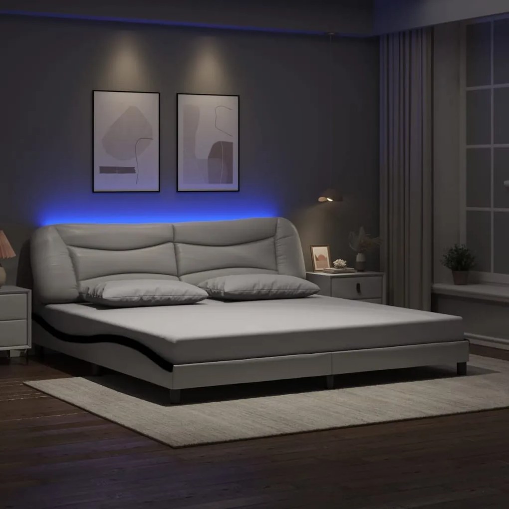 vidaXL Cadru de pat cu lumini LED alb/negru 200x200 cm piele ecologică