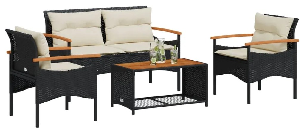 368398 vidaXL Set mobilier de grădină cu perne, 4 piese, negru, poliratan