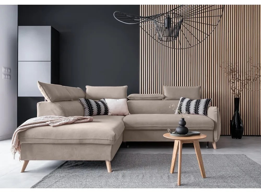 Colțar bej extensibil cu tapițerie din catifea (cu colț pe partea stângă ) Sweet Harmony – Miuform