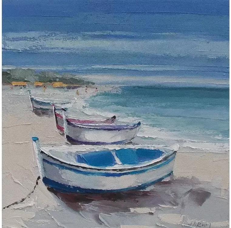 Tablou pictat manual Sea and Boats 100 x 100 cm
