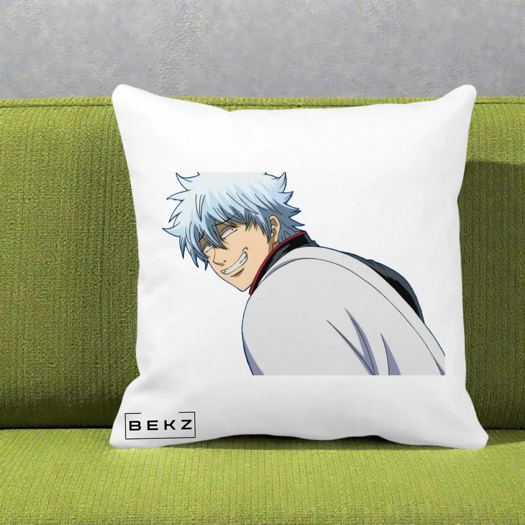 Perna Personalizata Gintama Gintoki Portret cu Zambet, 40x40 cm, Alba Mata, Husa Detasabila, Perna Inclusa, BEKZ®