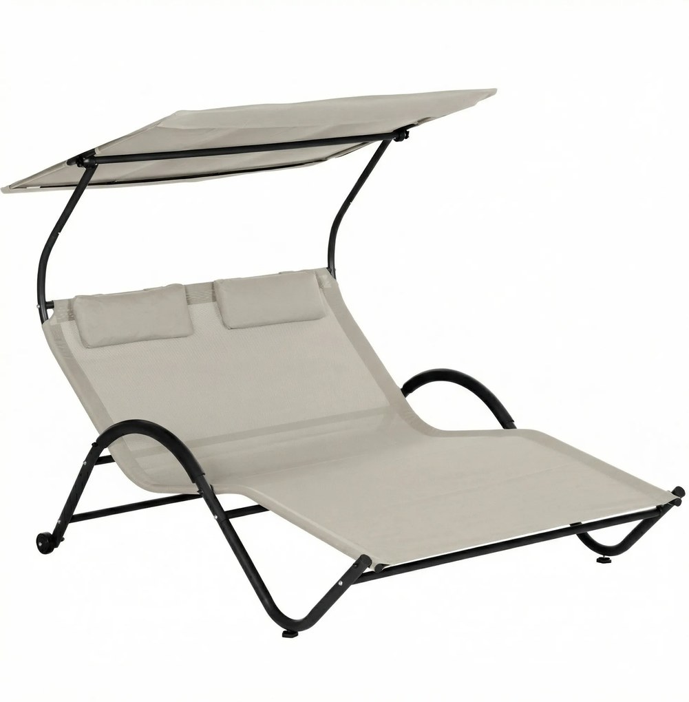 Outsunny Șezlong cu acoperiș, pernă și roți, oțel și poliester cremă | Aosom Romania