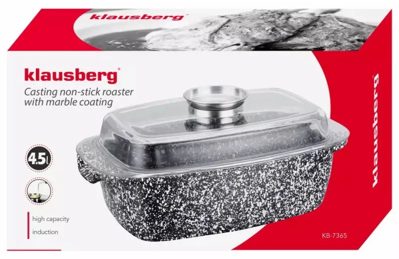 Tava pentru copt tip roaster Klausberg KB 7365, 4.5 L, Capac din sticla, Finisaj marmura, Inductie, Gri