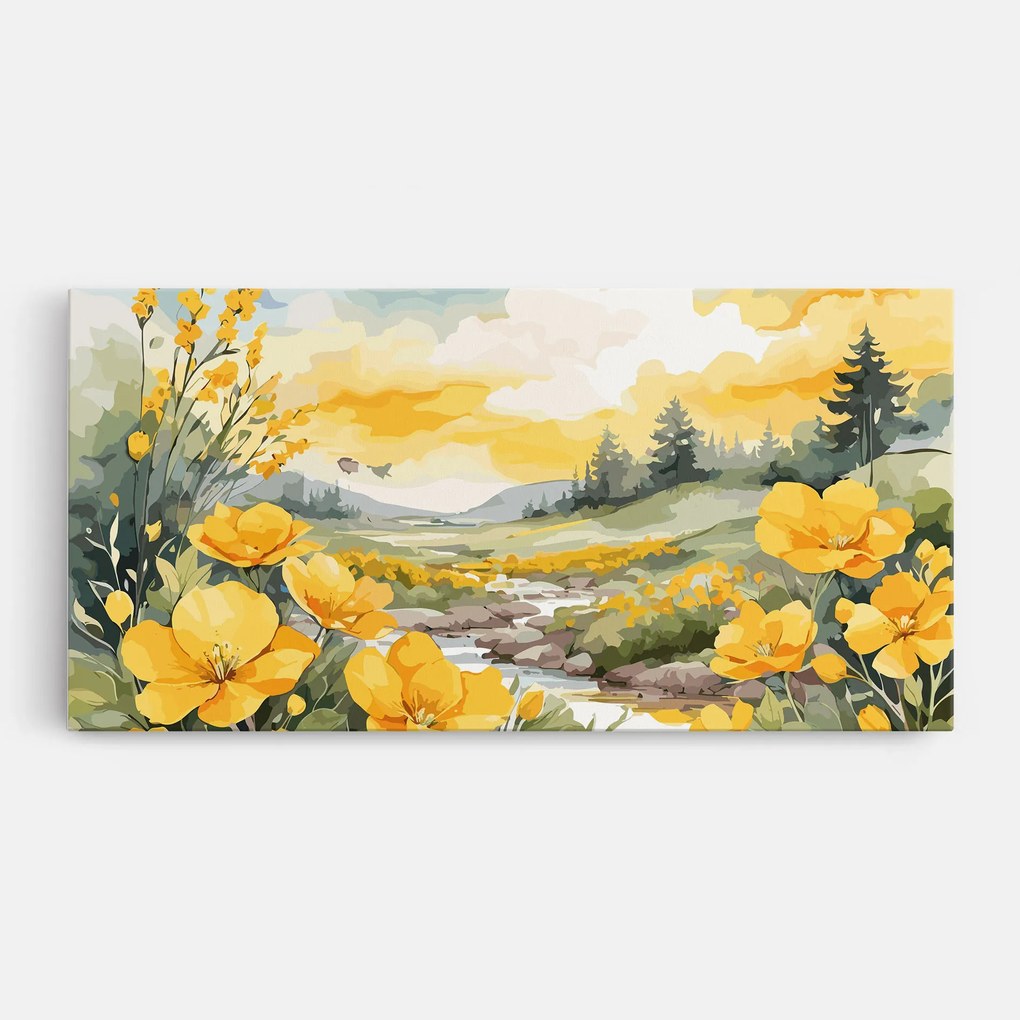 Tablou Canvas, 50x100cm, Dormitor si Living, Flori, Flori in natura, Vector_nature_landscape_with_beautiful_yellow_flowers_watercolor