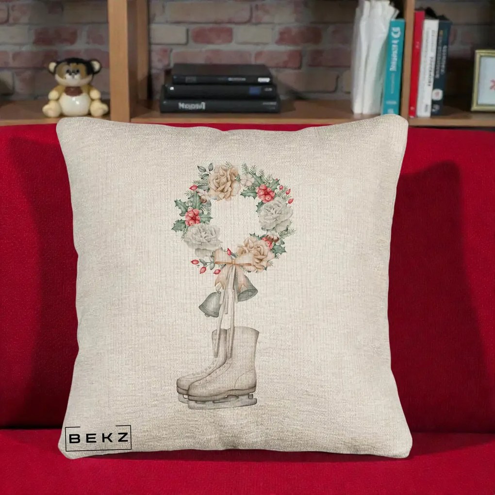 Perna Decorativa Patine cu Coroana Florala de Craciun, 40x40 cm, Bej Canapea, Husa Detasabila, Perna Inclusa, BEKZ®