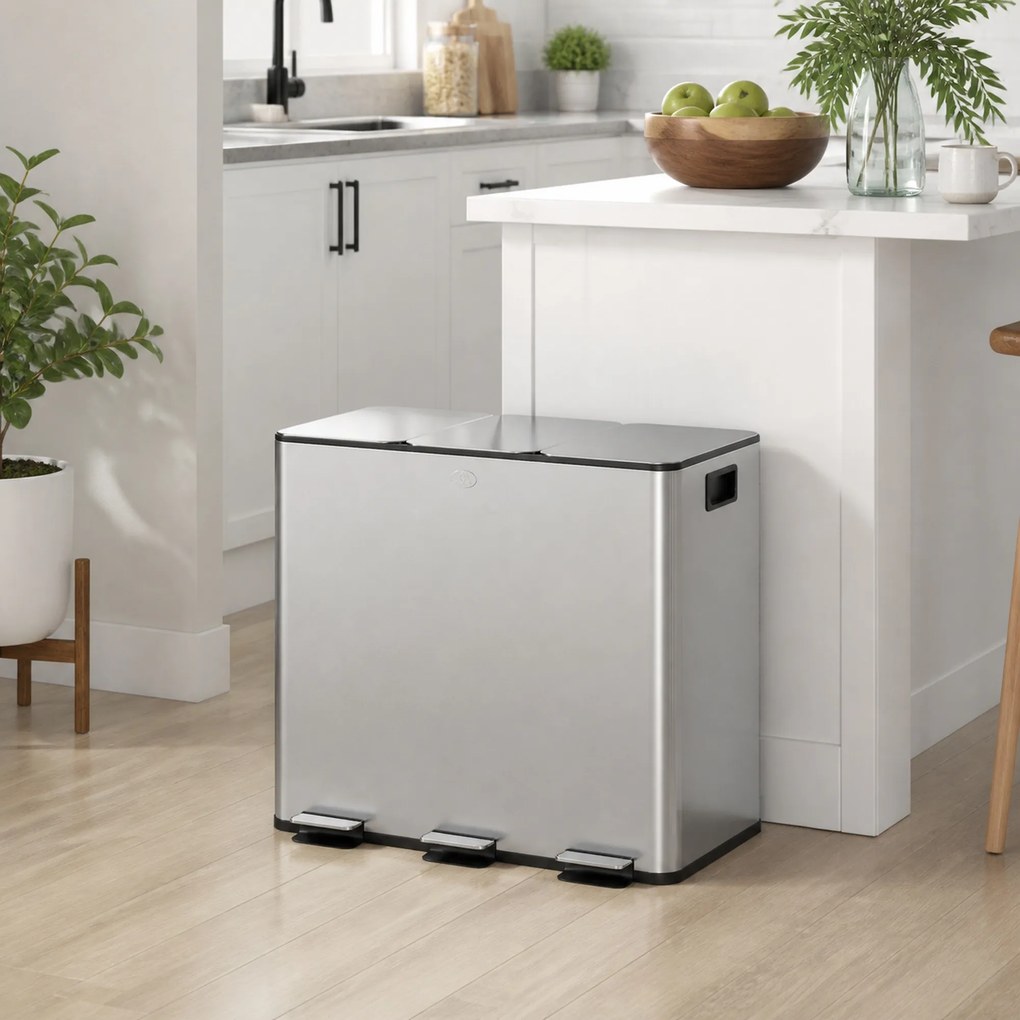 HOMCOM Pubelă de reciclare 45L cu 3 compartimente și închidere silențioasă, din oțel inoxidabil și PP, 61.9x36.6x43.2 cm, argintiu | Aosom Romania