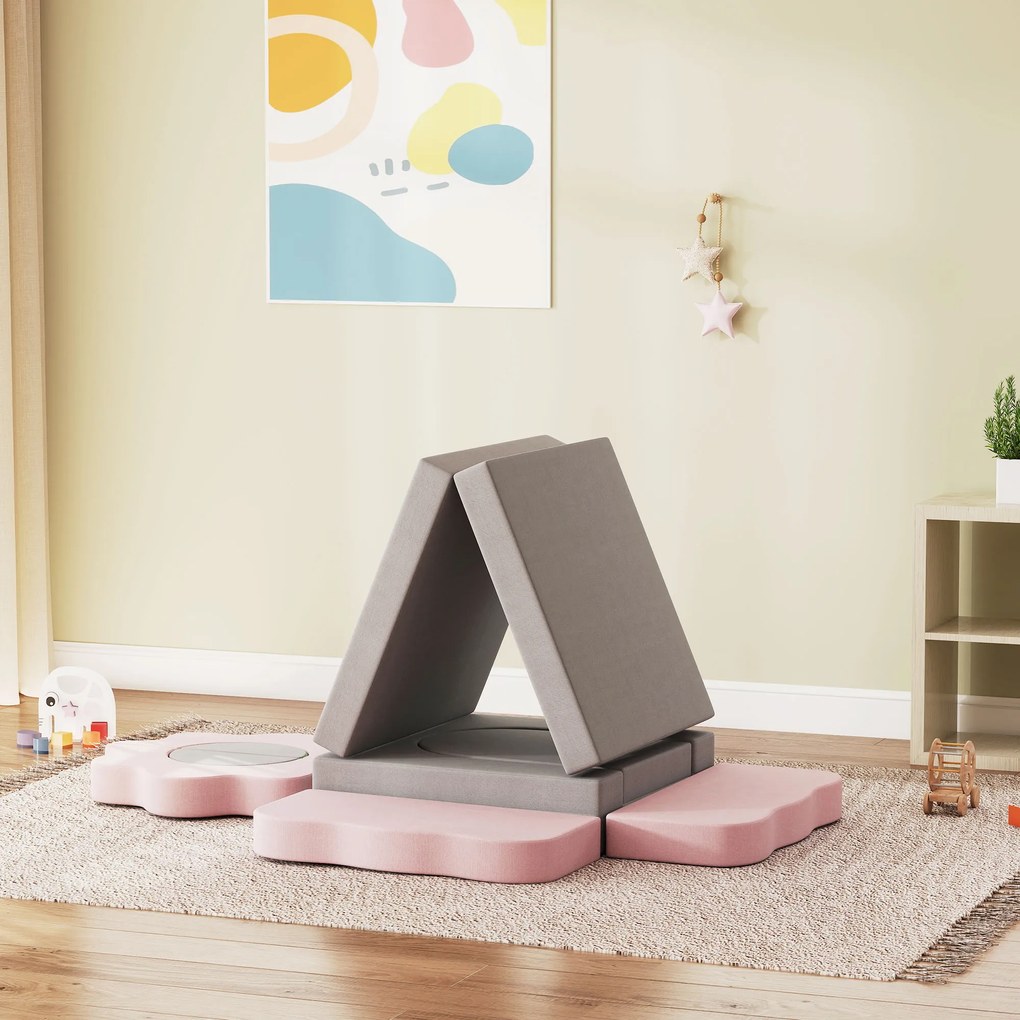AIYAPLAY Set de 12 blocuri din spumă pentru cățărat, construit, târât, saltele de joacă pentru interior cu husă din catifea côtelată, Gri+Roz | Aosom Romania