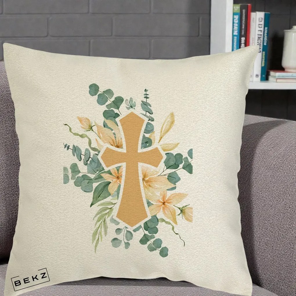 Perna Personalizata Cruce Florala Botez, 40x40 cm, Ecru, Husa Detasabila, Perna Inclusa, BEKZ®