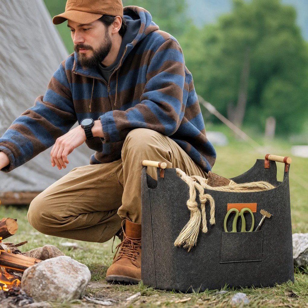 Outsunny Sac din Fetru pentru Lemne de Foc, Coș Portalemne de Interior cu Mânere din Lemn, Coș Multiuz pentru Pături, Reviste și Bucșe de Lemn, 45x32x40 cm, Gri Închis | Aosom Romania