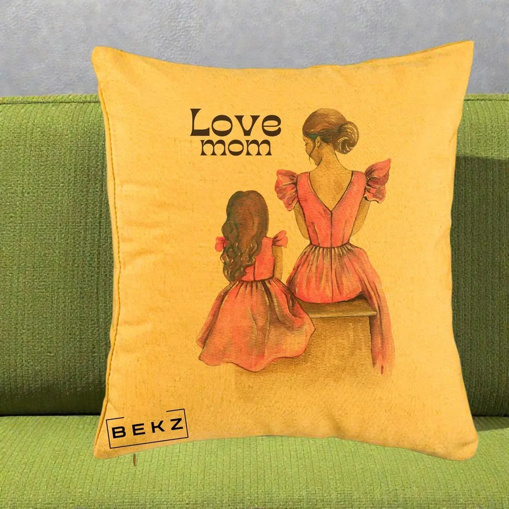 Cadou pentru Mama - Perna Personalizata Love Mom Rochii Roz, 40x40 cm, Galben, Husa Detasabila, Perna Inclusa, BEKZ®