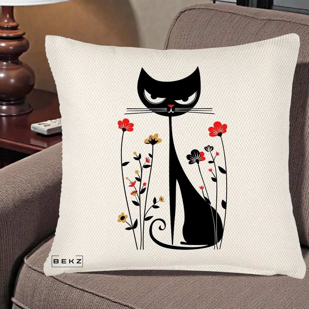 Perna Decorativa Pisica Neagra Grafica Flori Rosii, 40x40 cm, Crem Reliefat, Husa Detasabila, Perna Inclusa, BEKZ®
