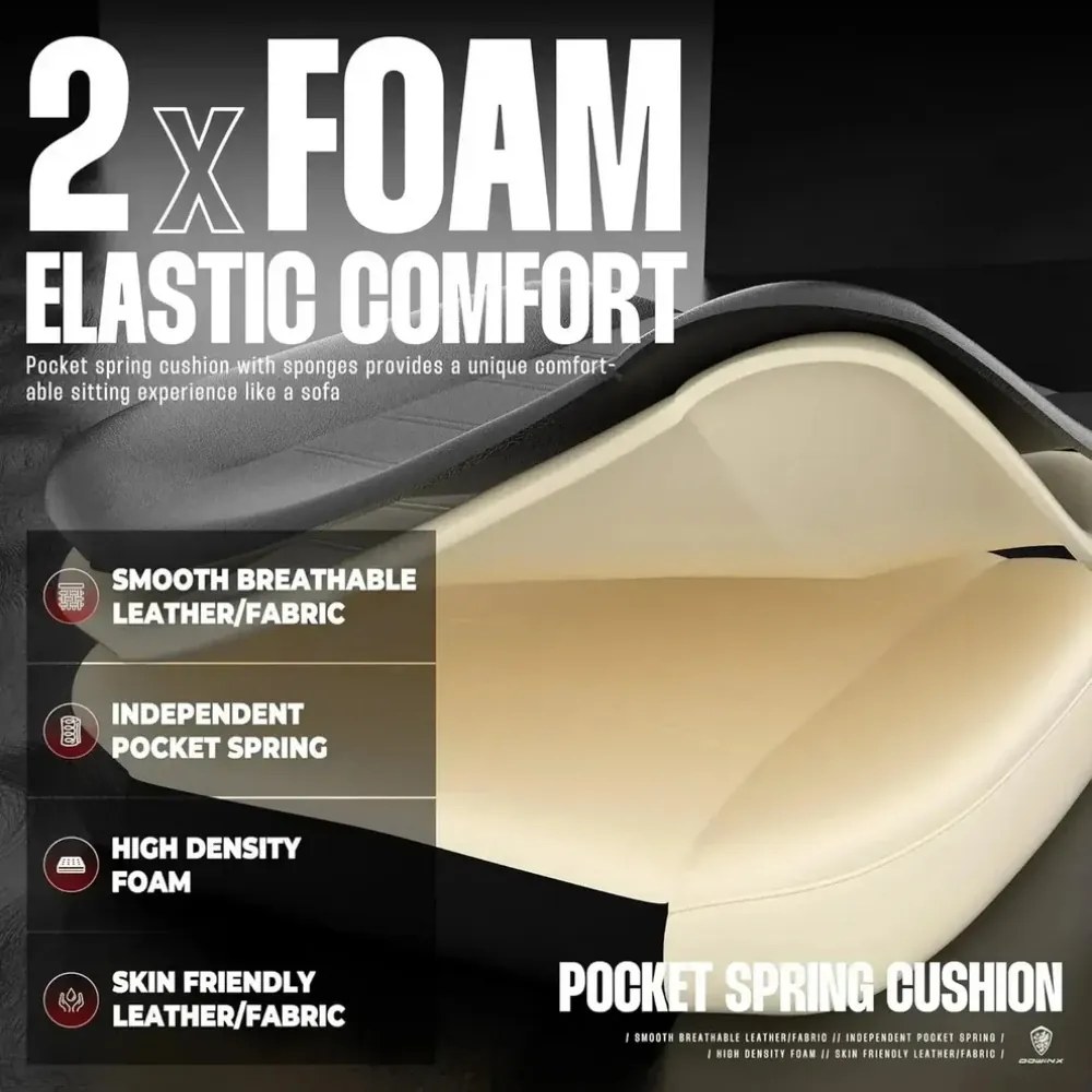 DOWINX Scaun gaming, ergonomic, suport lombar cu masaj, Șezut cu Arcuri Metalice și Spumă, Spătar înalt, rabatabil 90°-145°, Suport picioare, rezistent 150 kg, material PU respirabil, Negru