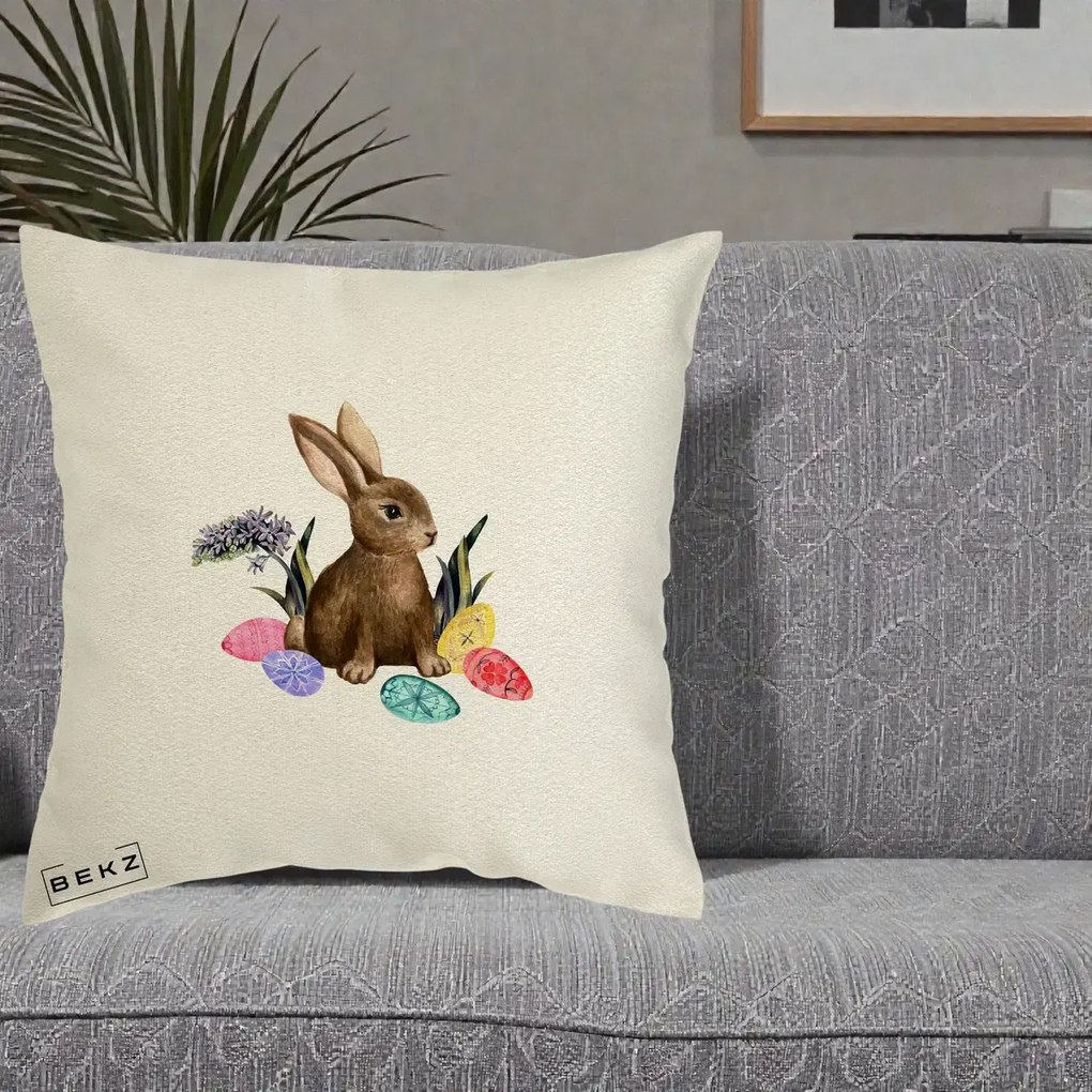Perna Decorativa Iepuras cu Oua de Pasti Acuarela, 40x40 cm, Ecru, Husa Detasabila, Perna Inclusa, BEKZ®