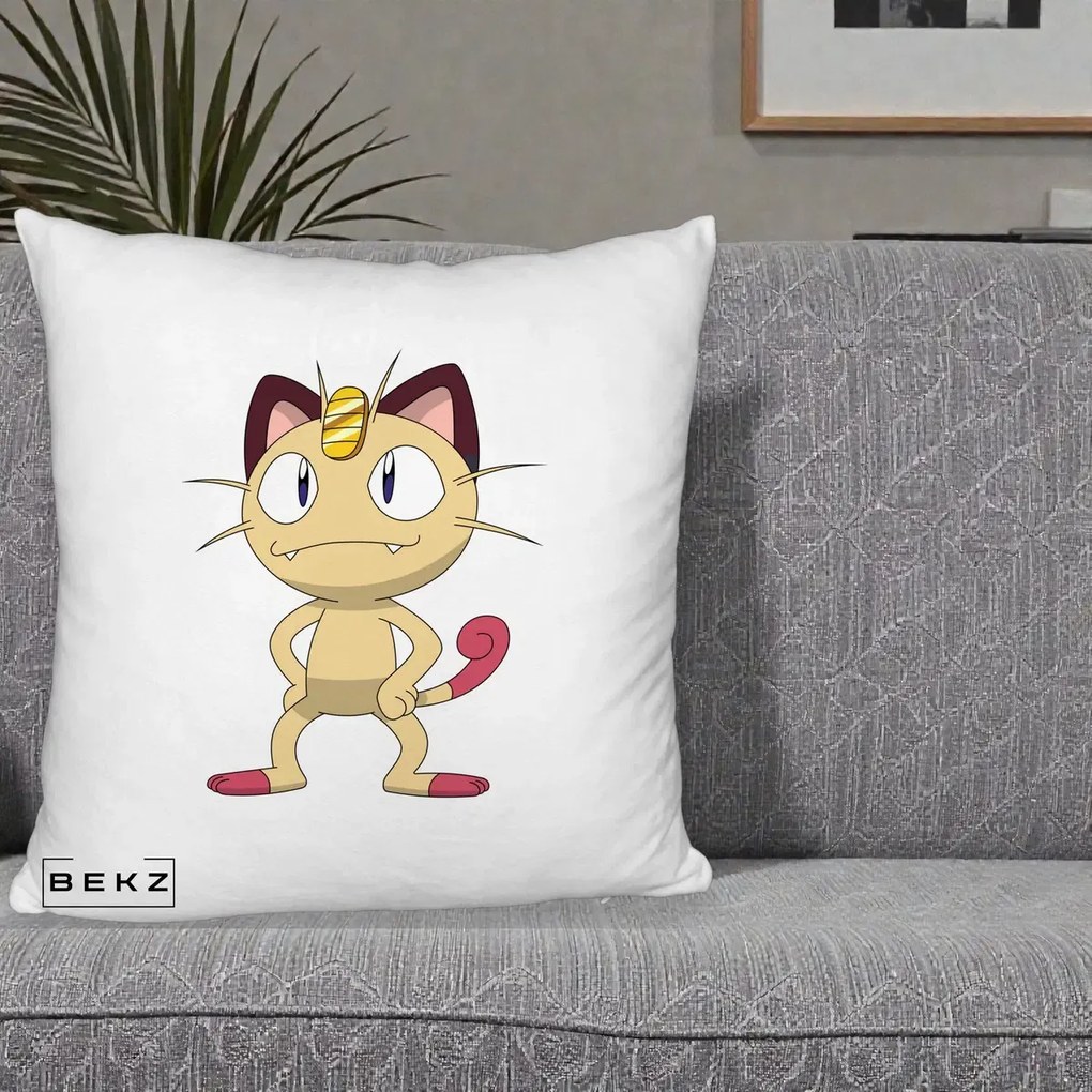Perna Personalizata Meowth Pokemon, 40x40 cm, Alb Pufos, Husa Detasabila, Perna Inclusa, BEKZ®
