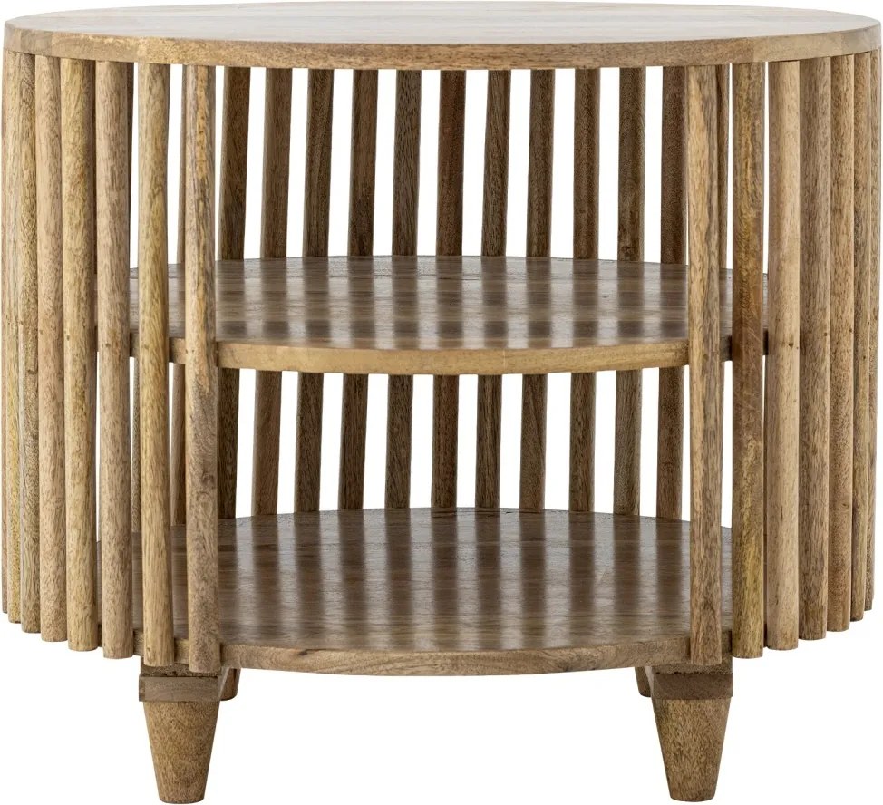 Măsuță de cafea din lemn de mango, rotundă, cu structură din lamele verticale și 2 rafturi inferioare, natur, finisaj lăcuit, 60×50 cm, „Sali"