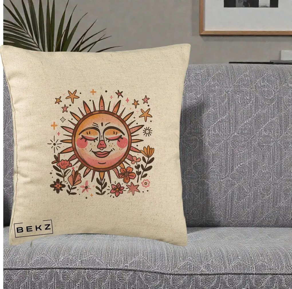 Perna Decorativa Soare Retro Boho Floral, 40x40 cm, Bej, Husa Detasabila, Perna Inclusa, BEKZ®