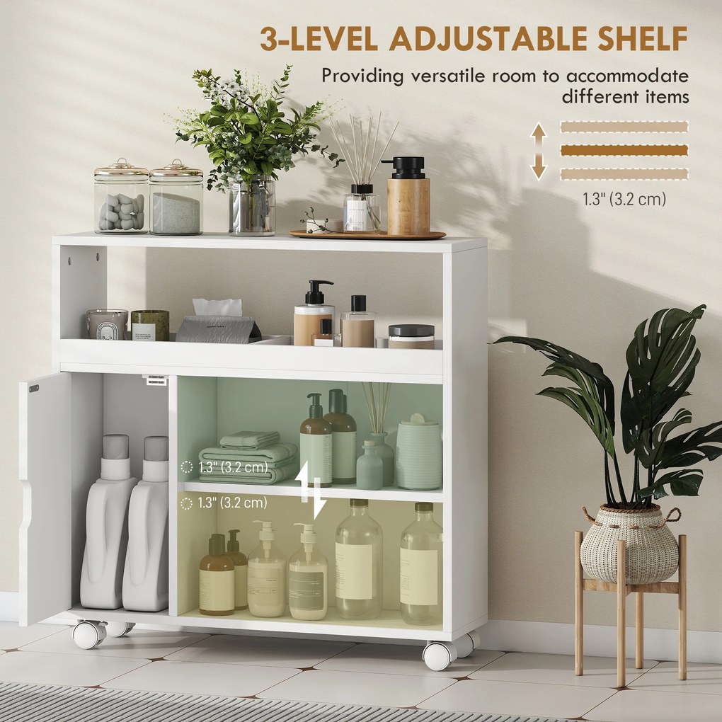 HOMCOM Dulap de Baie cu Roți, Raft Reglabil, Ușă Glisantă din Sticlă Călită, Alb | Aosom Romania